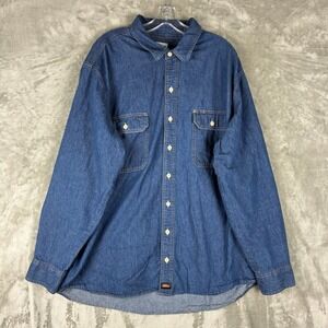 Dickies Mens 2XL Blue Denim Button Down Shirt Long Sleeve Workwear RN20697